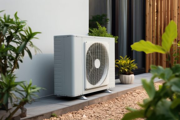 eine hochtechnisch aussehende Klimaanlage am Haus, a high-tech looking air conditioner on the house