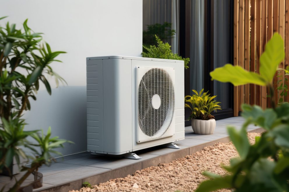 eine hochtechnisch aussehende Klimaanlage am Haus, a high-tech looking air conditioner on the house