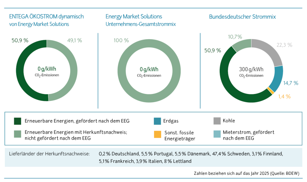 ENTEGA Ökostrom dynamisch istammt zu 100% aus erneuerbarer Erzeugung. Die Grafik zeigt den Unternehmens- und Produktstrommix im Vergleich zum deutschen Durchschnittsmix und listet die europäischen Lieferländer auf.