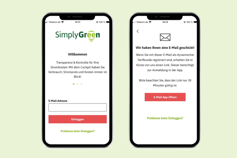 Zwei Screenshots der SimplyGreen Cockpit App mit Login-Ansicht und Bestätigungslink per E-Mail.